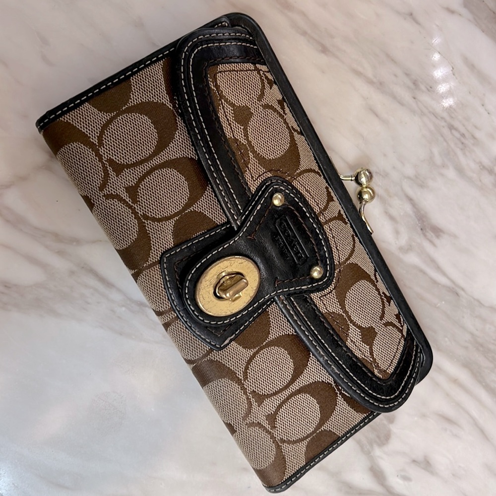 Coach Canvas Wallet C Logo With Leather Trim & Turn Lock